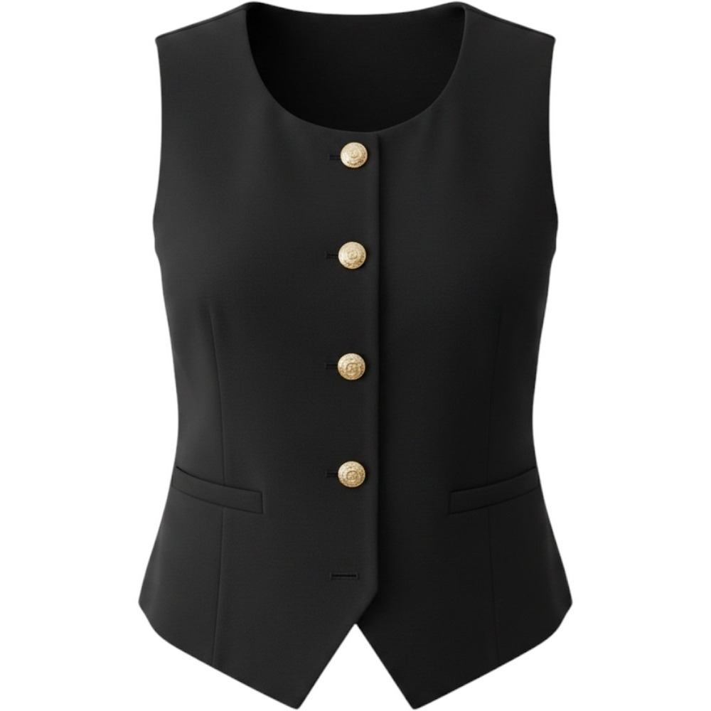Wren New York Womens Black Tailored Vest Gold Crest Button Waistcoat Size L